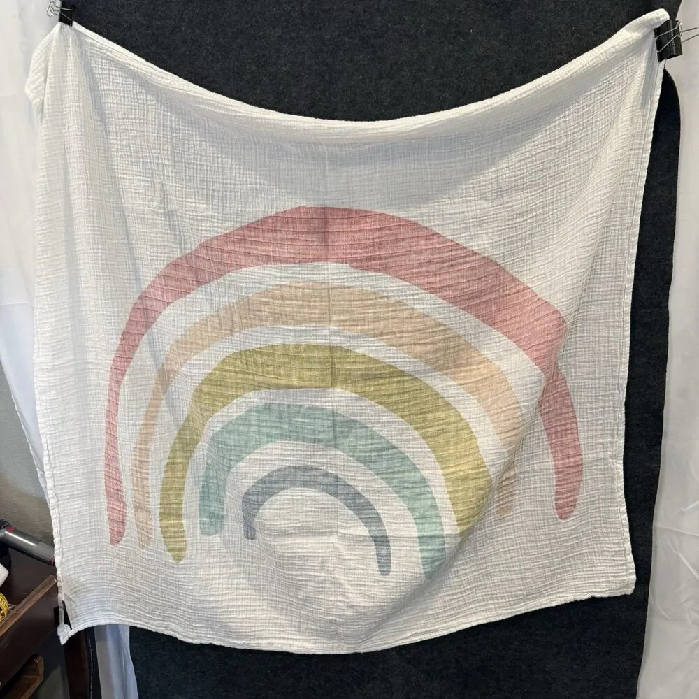 Clementine Kids Rainbow Swaddle Baby Blanket White Cotton Muslin Blue
